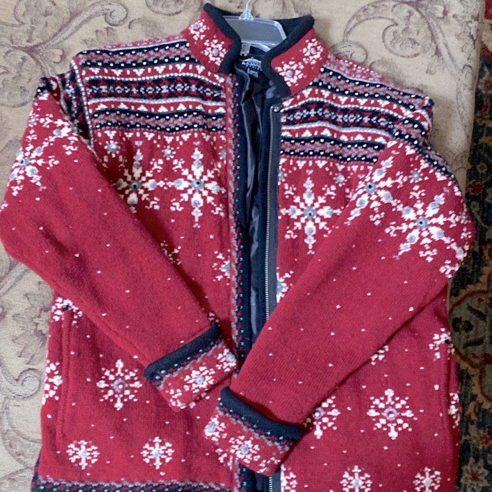 Beautiful Red  -Icelandic sweater jacket. fully lined w/pockets and metal zipper